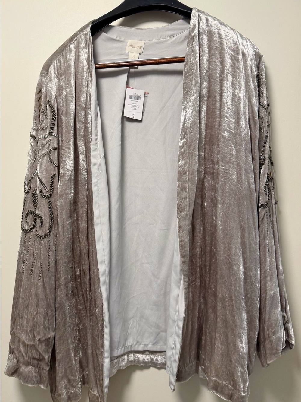Chico's Velvet Embroidered Jacket sz 3 Seagull Grey NWT MSRP $169